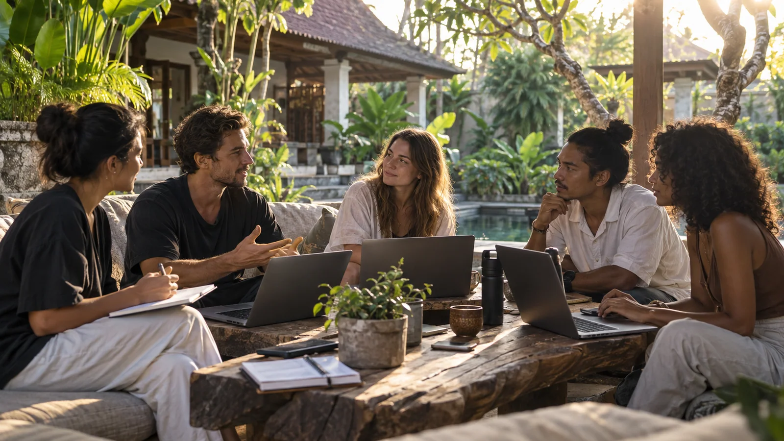 A small group of founders works together in a shaded Bali coliving courtyard.